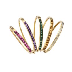 Five gold, diamond and coloured gemstone bangles