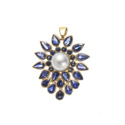 Gold pendant, cultivated pearl and sapphire brooch
