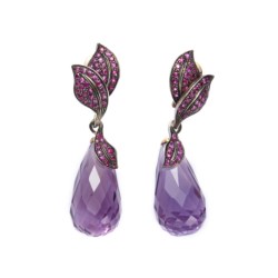 Pair of silver, gold, ruby and amethyst pendant earrings