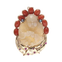 Gold, opal, coral and ruby pendant brooch