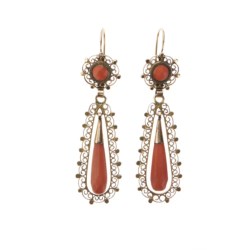 Pair of gold and coral pendant earrings, 19th century