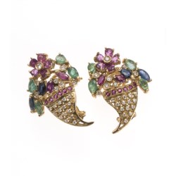 Pair of gold, emerald, sapphire, ruby and diamond earclips