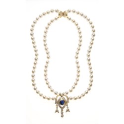Gold, cultured pearl, sapphire and diamond necklace