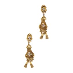 Gold, opal and ruby pendant earrings, 19th century