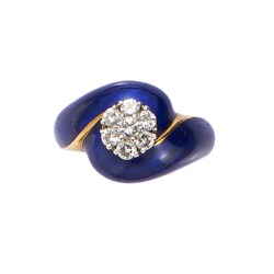 Two colour gold, diamond and blue enamel ring