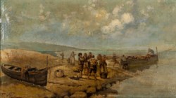 Pittore della fine del secolo XIX - Paesaggio costiero con pescatori