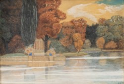 Pittore della prima metà del secolo XX - Paesaggio lacustre con tempietto classico