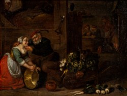 Scuola fiamminga del secolo XVII - Scena di cucina con personaggi