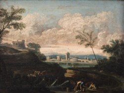 Scuola italiana della fine del secolo XVII - Coppia di paesaggi con figure