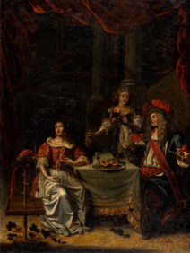 Scuola nordica del secolo XVIII - Interno di palazzo con cavaliere e due dame