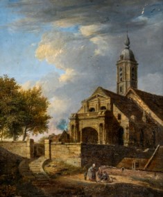 Scuola fiamminga del secolo XVIII - Scorcio di villaggio con chiesa