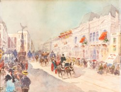 Scuola italiana del secolo XIX - Strada di città con figure e carrozze