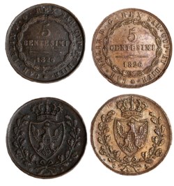 CARLO FELICE (1821-1831) - lotto 2 monete da 5 centesimi 1826
