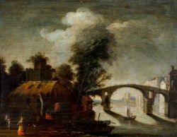 Scuola dell'Italia centrale del secolo XVII - Paesaggio fluviale con figure e imbarcazioni