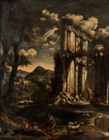 Scuola romana del secolo XVII - Paesaggio con rovine e pastori