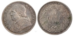 ROMA - PIO IX (1846-1870) - 5 lire 1870, anno XXIV