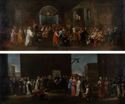 Scuola veneta del XVIII secolo - Coppia di dipinti, La predica e La Confessione