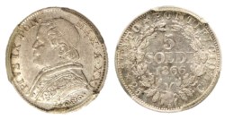 ROMA - PIO IX (1846-1870) - 5 soldi 1866, anno XXI