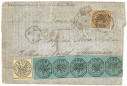 Antichi Stati Italiani - Stato Pontificio - Lettera (4c) + 4 baj + striscia di cinque esemplari del 7 baj azzurro