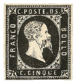 Antichi Stati Italiani - Sardegna - 1851 - Prima emissione 5 cent nero (1c cat.36000)