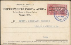 Regno - Vittorio Emanuele III - 1917 - Cartolina postale del primo esperimento di Posta Aerea Italiana del volo Torino Roma del maggio 1917