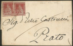 Antichi Stati Italiani - Toscana - 1855 - Due esemplari del 1 crazia carminio chiaro su grigio (Sassone 4)  su lettera con testo vergato da Pisa (doppio cerchio piccolo rosso brunastro) 