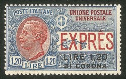 Occupazioni I guerra mondiale - Dalmazia - 1922 - Esemplare di Espresso soprastampato 1,20 lire di corona su 1,20 lire (Sassone 2)