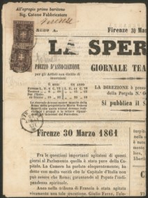 Antichi Stati Italiani - Toscana - 1860 - Due esemplari del 1 cent violetto bruno (Sassone 17) su intero giornale d'epoca La Speranza del 30 marzo 1861