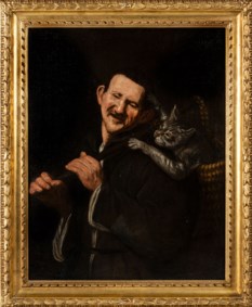 Maestro Napoletano del secolo XVII  - Ritratto di popolano con gerla e gatto