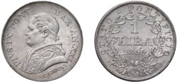 PIO IX, Giovanni Maria Mastai-Ferretti (1846-1870) - 1 lira 1866, an. XXI, II tipo.