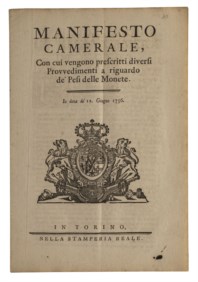 REGNO DI SARDEGNA - CARLO EMANUELE III (1730-1773) - Manifesto Camerale del 12 giugno 1756.