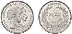 DANIMARCA - Christian IX (1863-1906) - 2 kroner 1892, 50° anniversario di matrimonio.