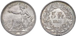 SVIZZERA - CONFEDERAZIONE ELVETICA (1848-) -  5 franchi 1851, Parigi.