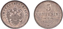 MILANO - FRANCESCO GIUSEPPE I (1848-1866) - 5 centesimi 1852, II tipo.