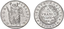 TORINO - REPUBBLICA SUBALPINA (1800-1802) - 5 franchi, an. 10.